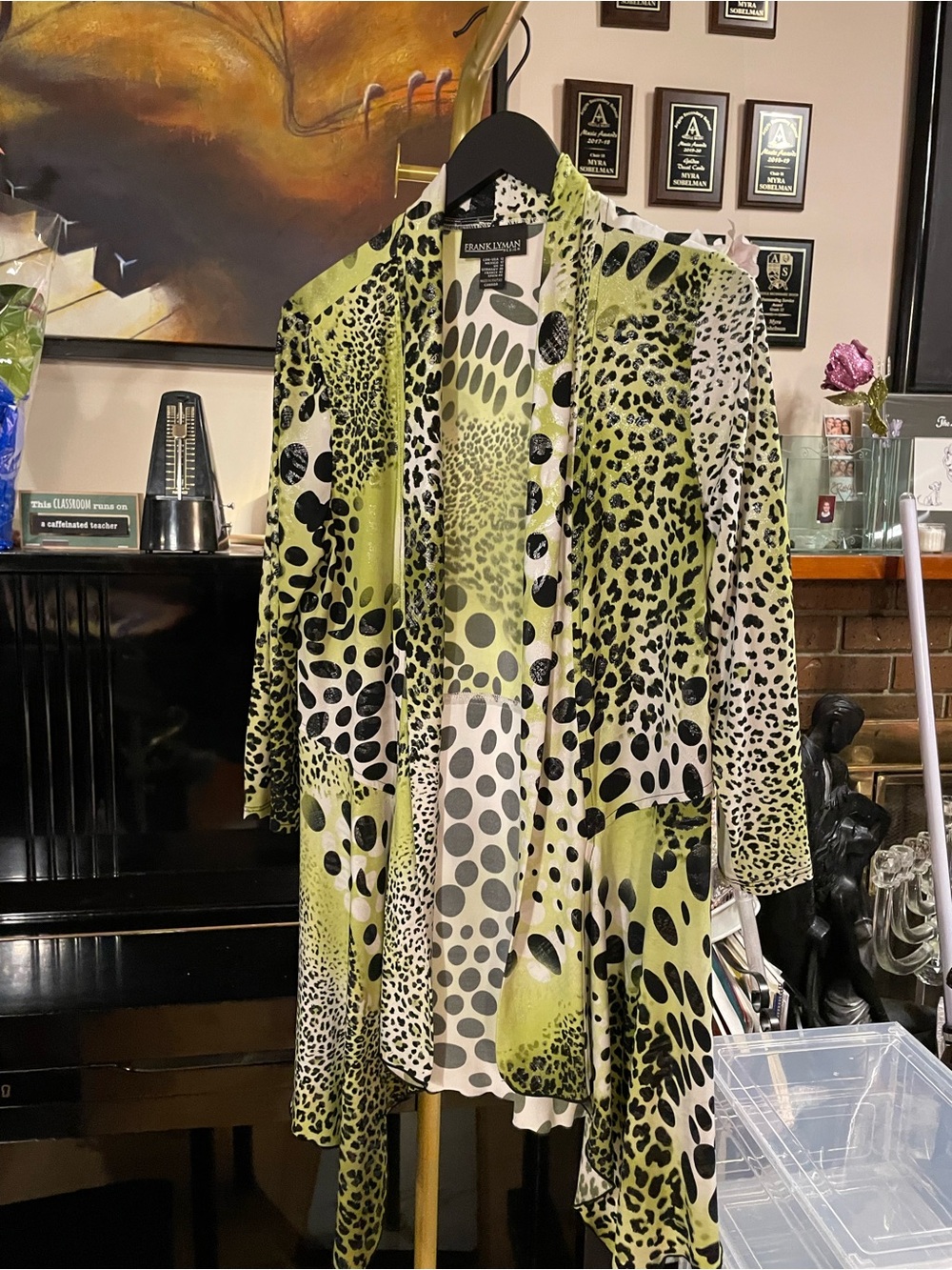 Frank Lyman Design White, Green and Black Metallic Sheen  Animal Print Cardigan